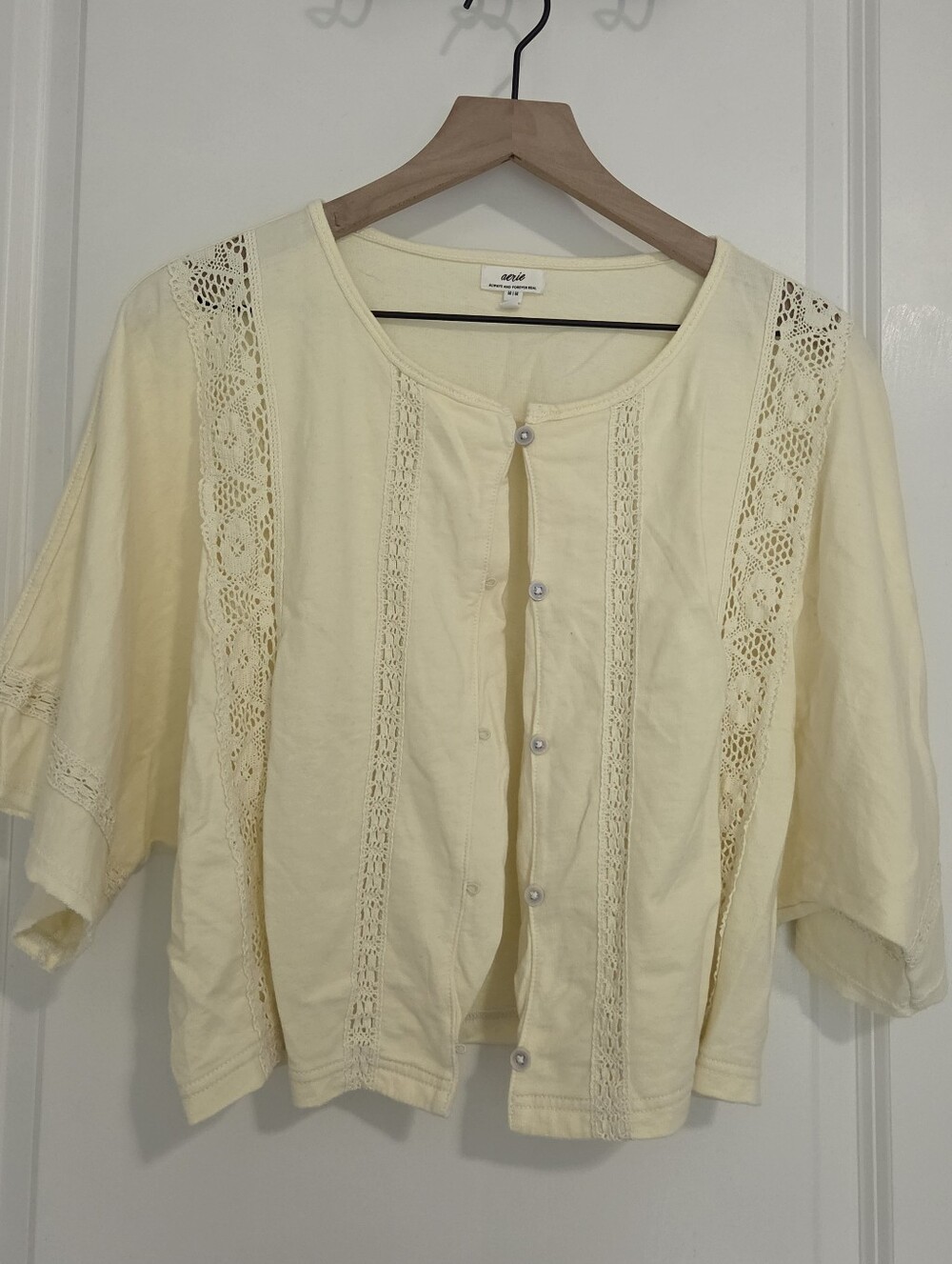 aerie Butter Yellow Cotton Button-Front Crochet Trim Top